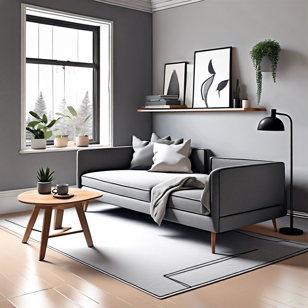 minimalist workspace with gray sofa bed