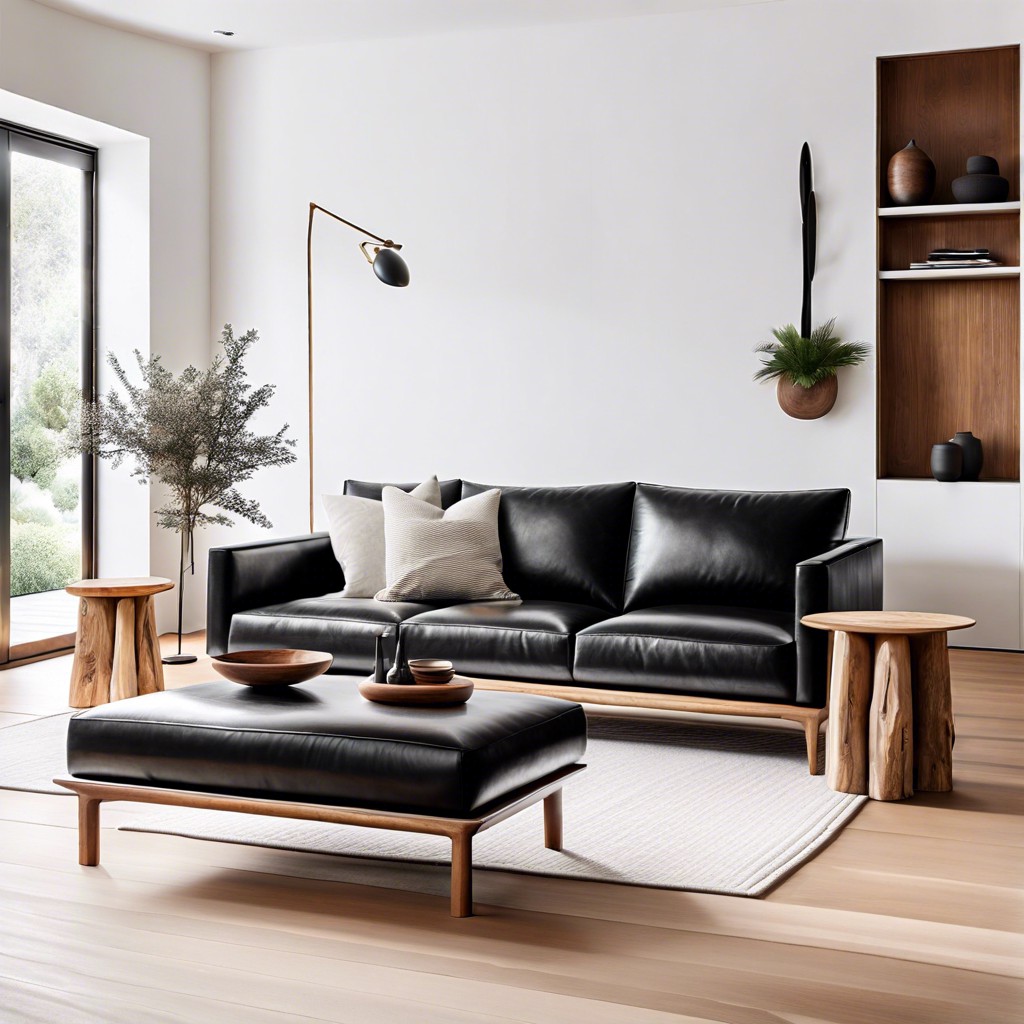 minimalist zen pair a sleek black leather sofa with white walls and natural wood elements