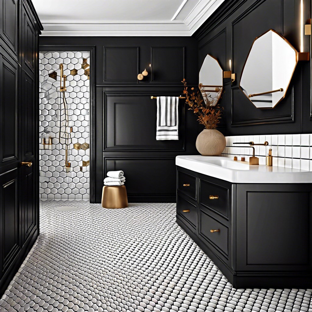 mix black hexagons with white tiles in a geometric pattern