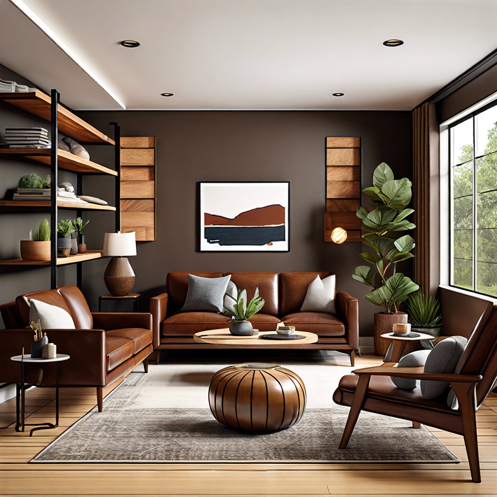 mix in warm wood tones through side chairs and shelving