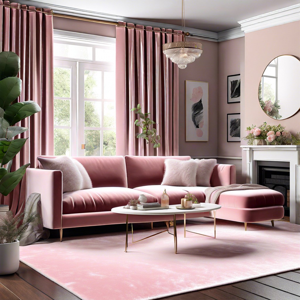 mix textures like velvet pink sofa with a shaggy white rug and silk curtains
