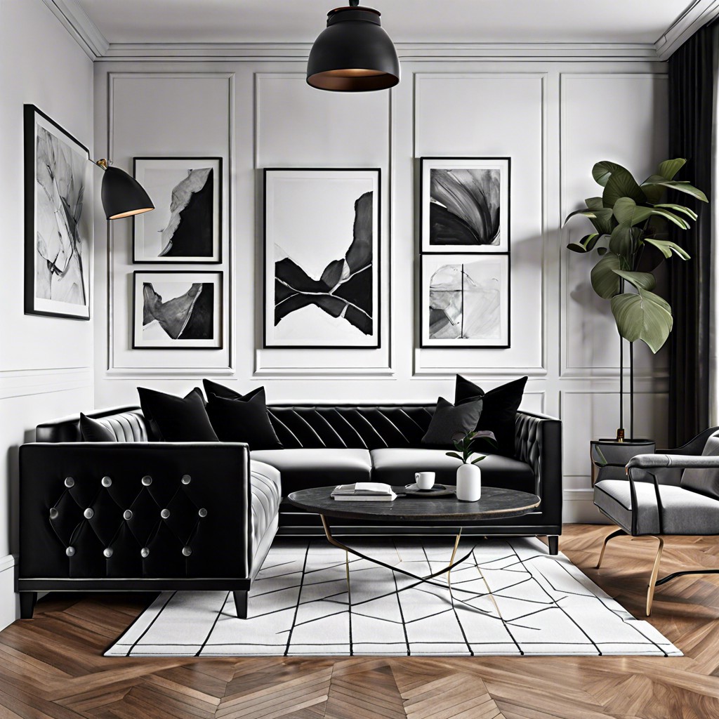 modern black and white office with plush velvet sofa bed
