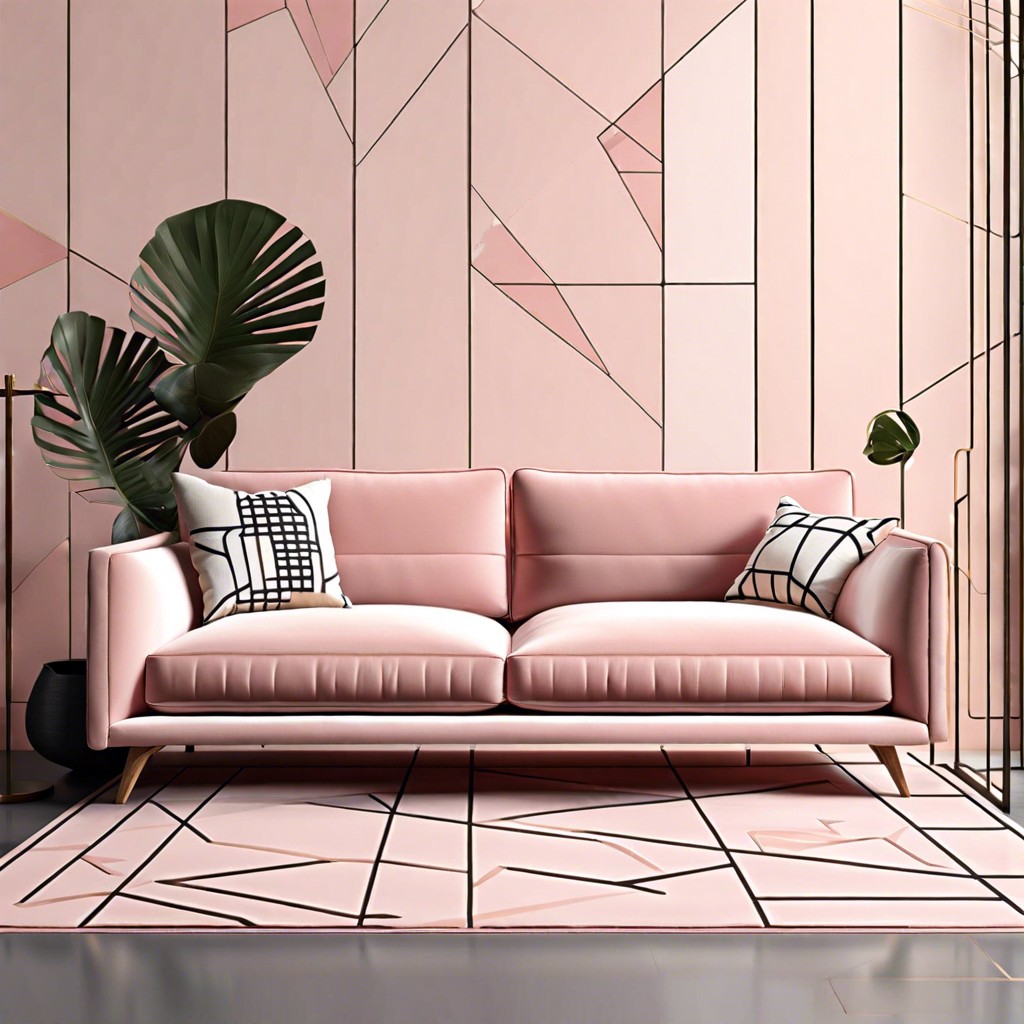 modern blush pink sofa with geometric patterns