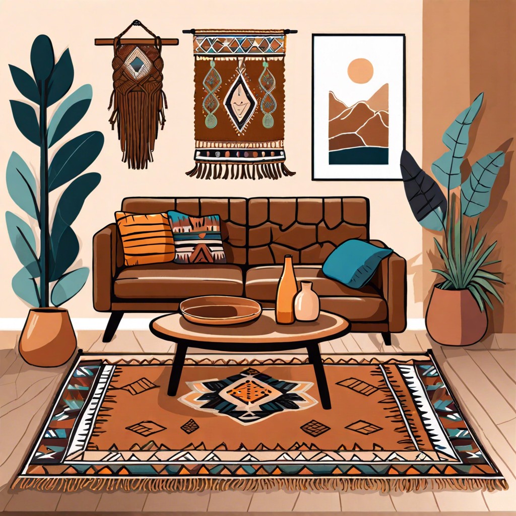 modern boho brown leather sofa macrame wall art vibrant rugs