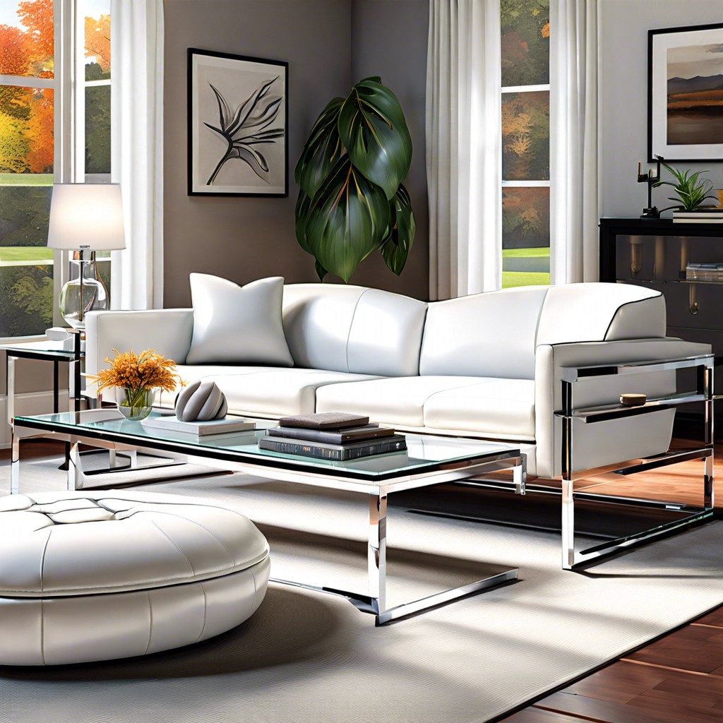 modern elegance style a white leather sofa with glass tables and chrome fixtures