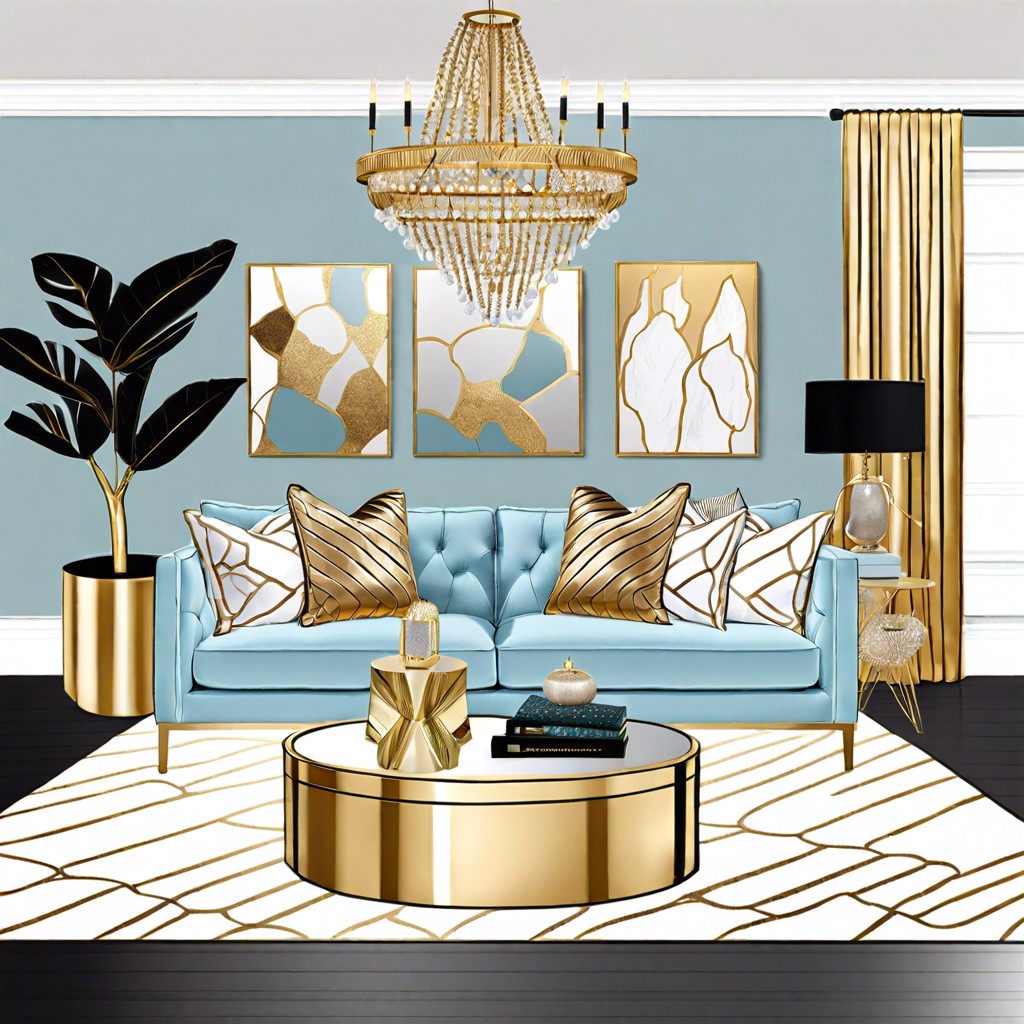 modern glam accessorize a light blue couch with metallics like gold or silver mirrors and plush textiles