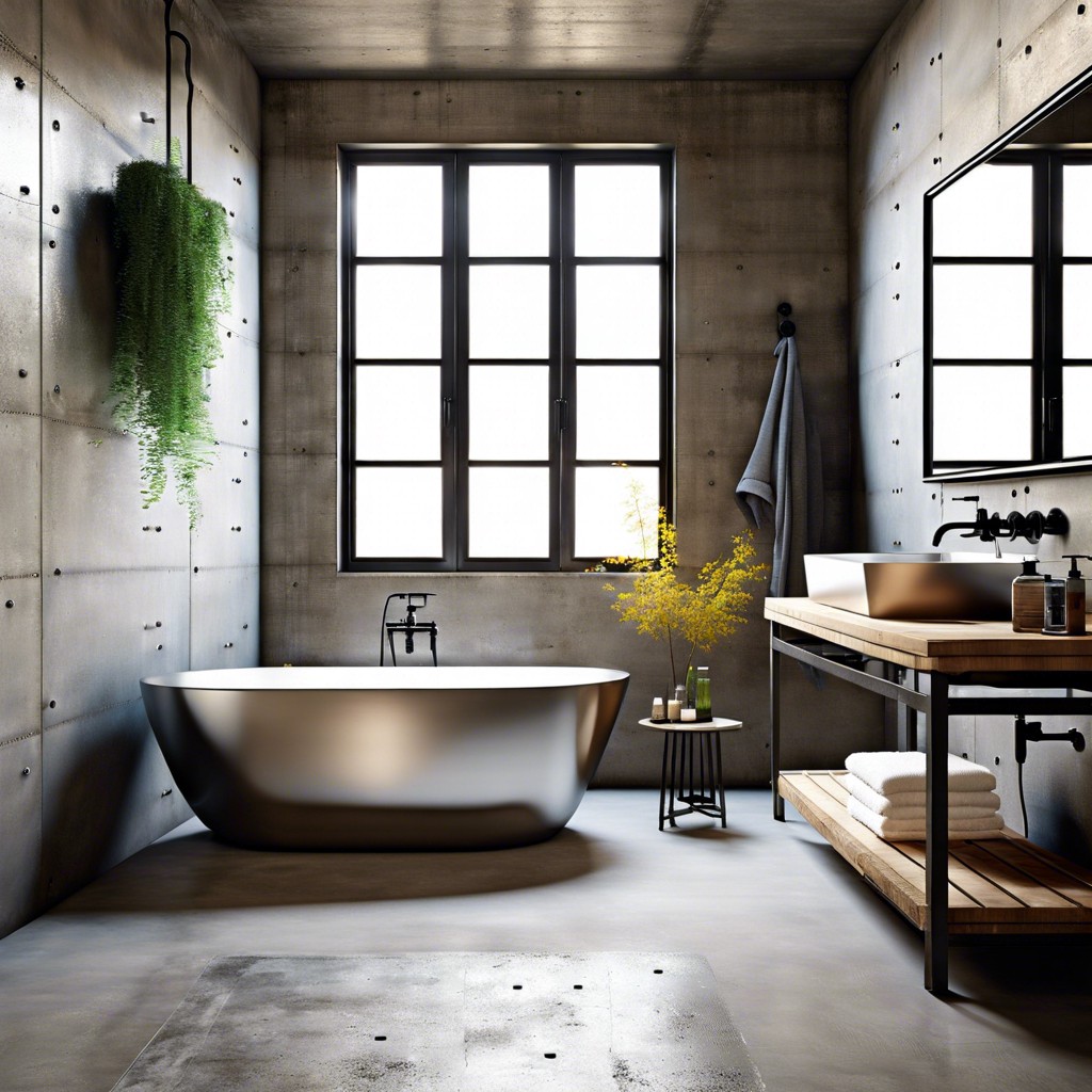 modern industrial look with a stainless steel tub and concrete walls featuring overhead and handheld showerheads