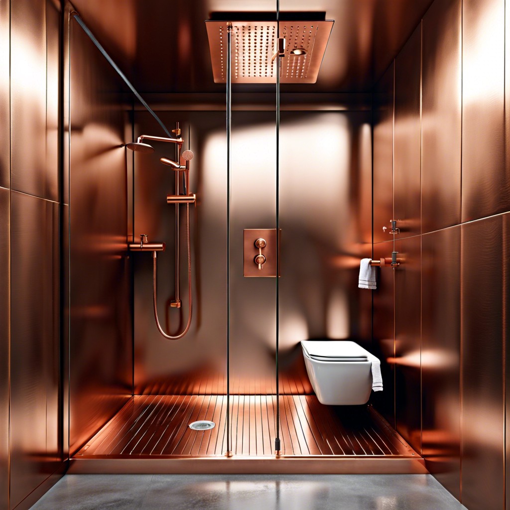 modern industrial shower with darker copper toned steel panels