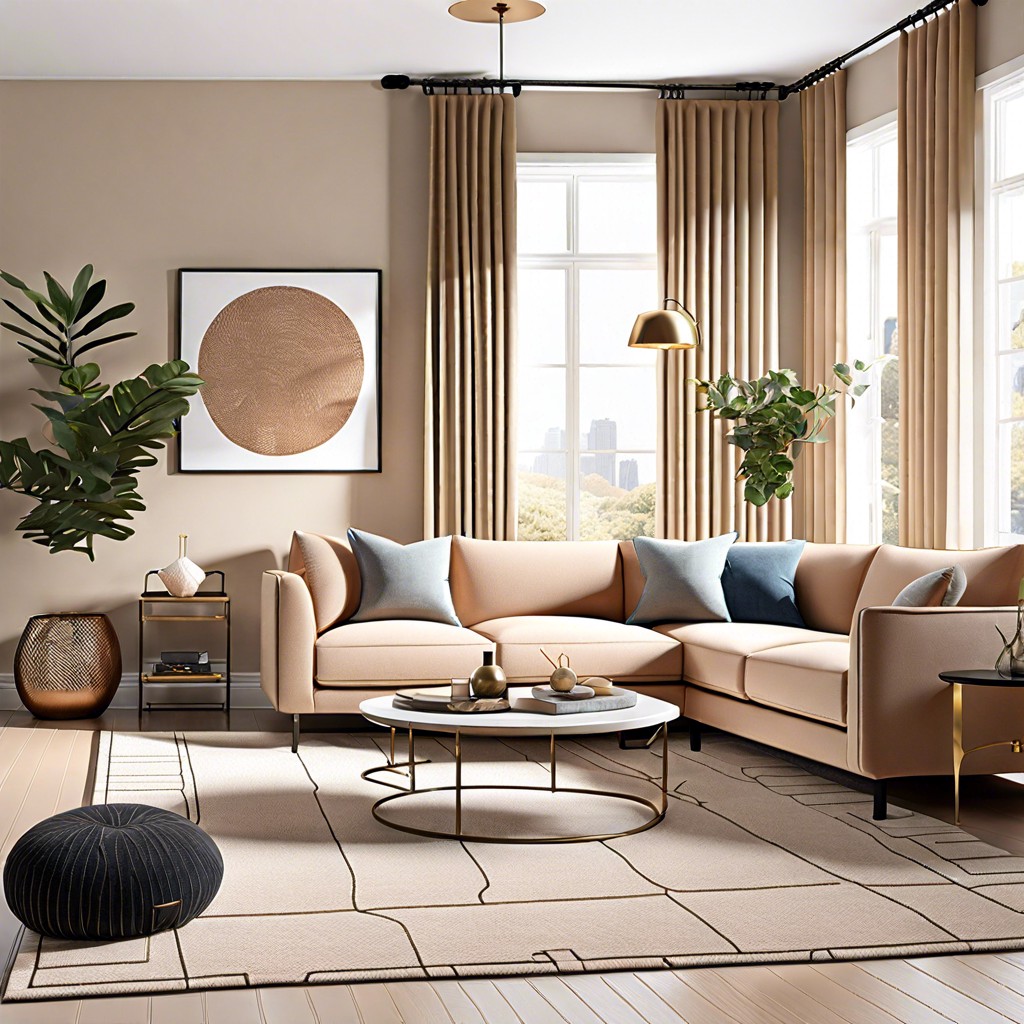 modern luxury with metallic side tables and plush rugs