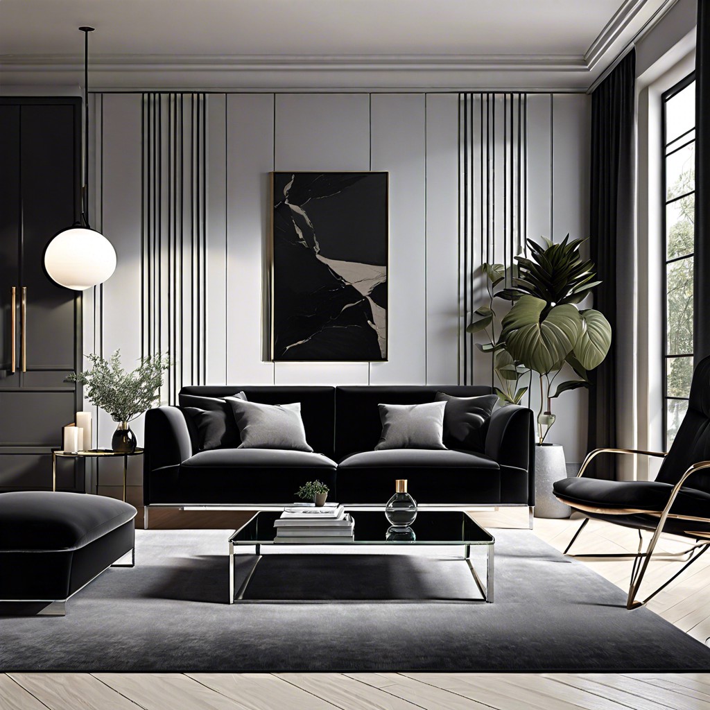 modern minimalism black velvet sofa with sleek silver floor lamps and glass coffee table