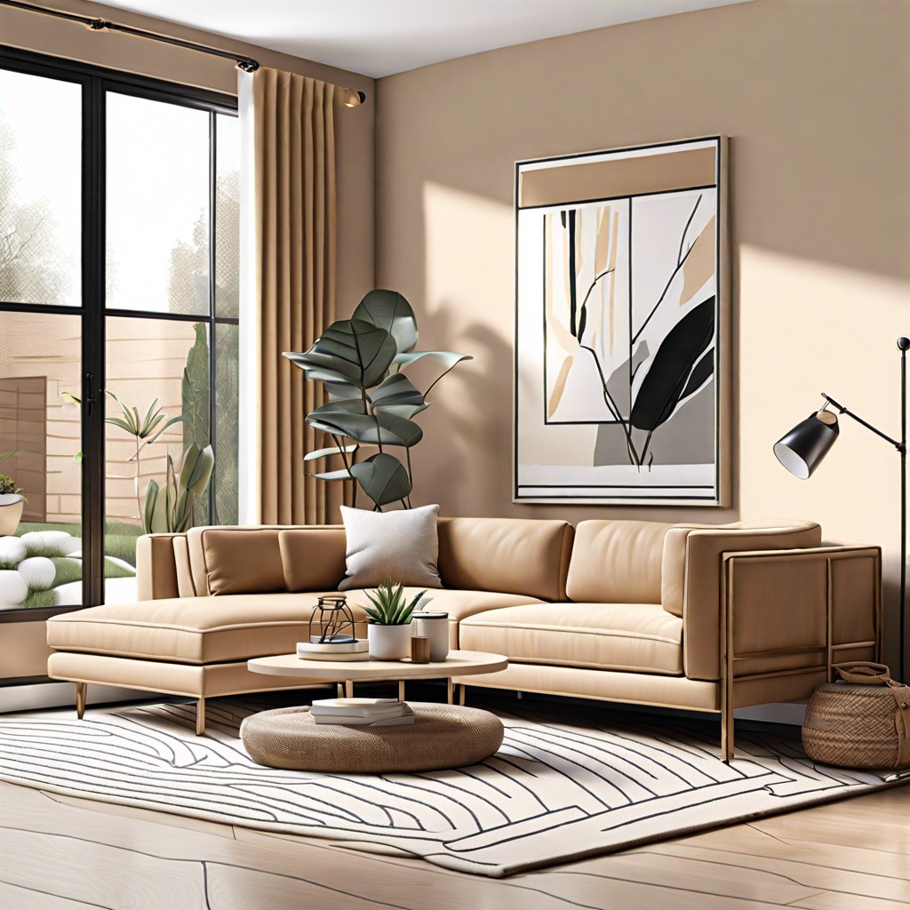 modern minimalism use a monochromatic color scheme with varying shades of beige and clean lines