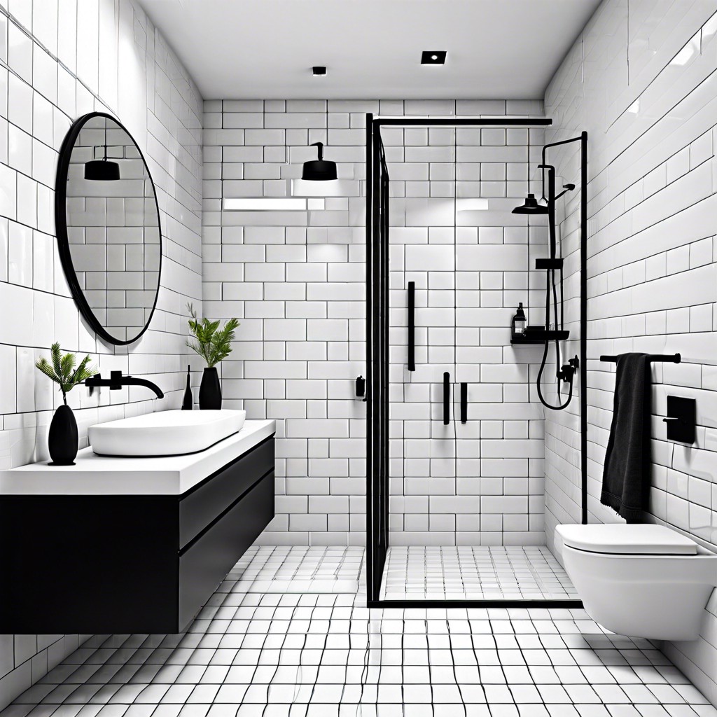 modern minimalist all white tiles with sleek black fixtures and frameless mirrors