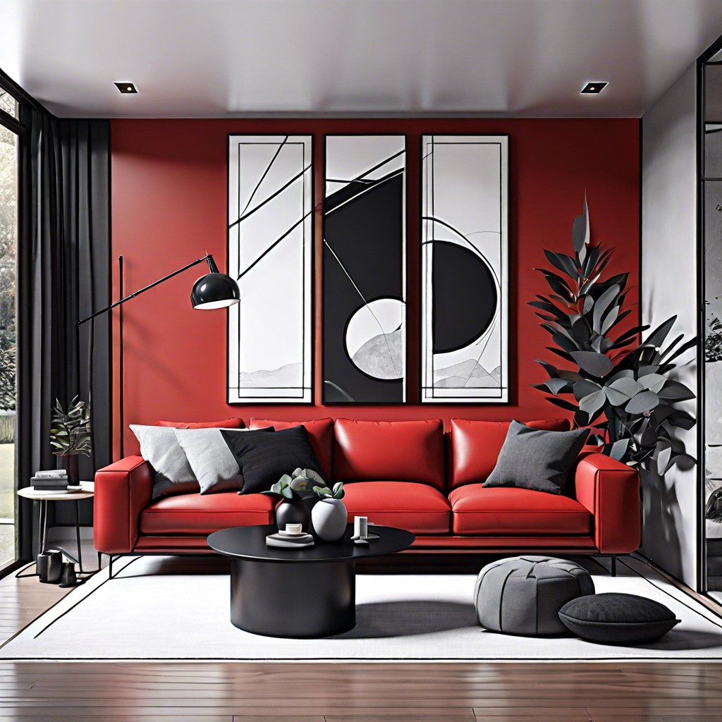 modern minimalist surround the red couch with monochrome greys and blacks clean lines and metal finishes