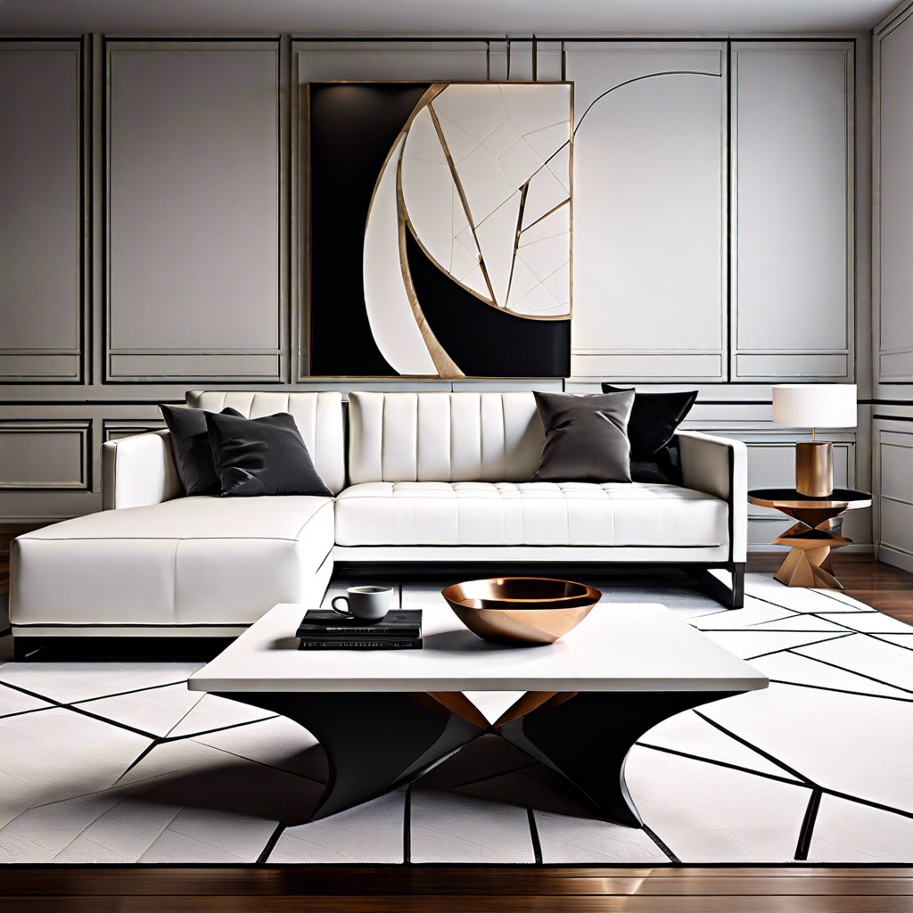 modern minimalist with a sleek white leather sofa and geometric coffee table