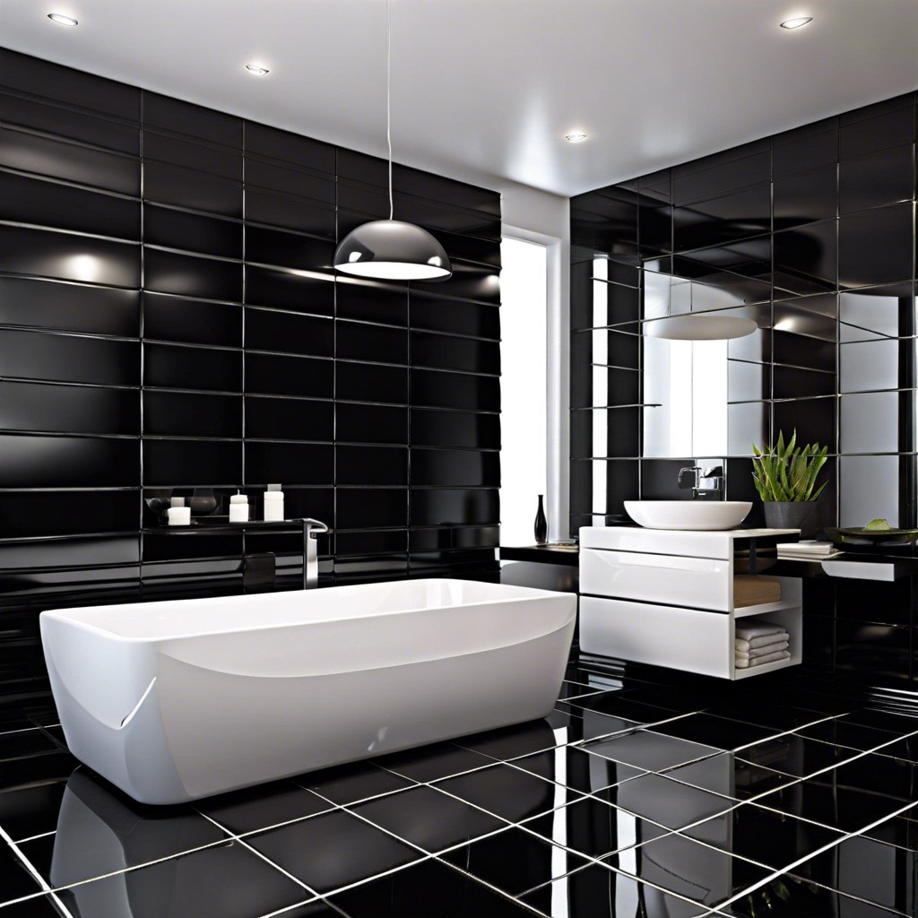 modern minimalist with large glossy black tiles