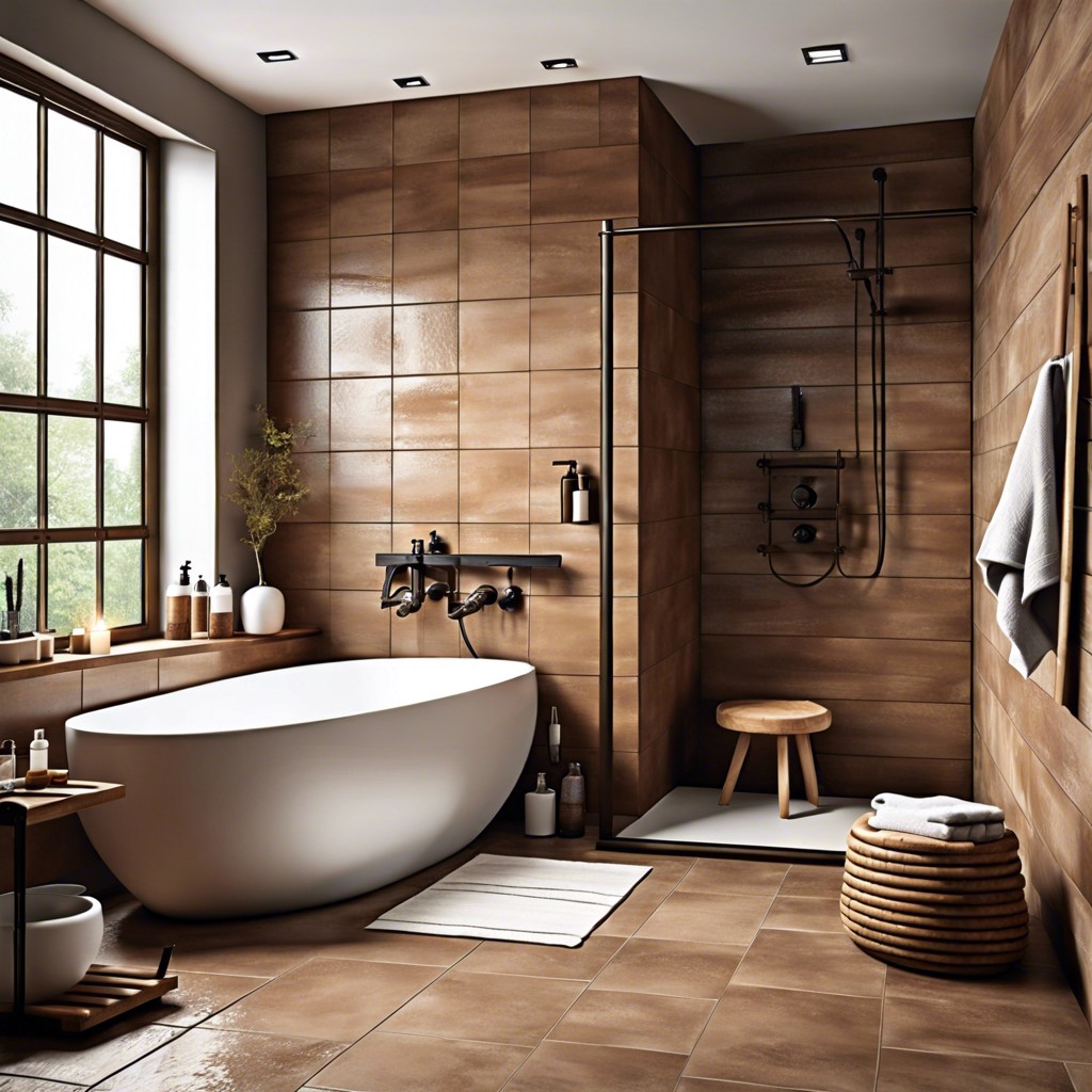 modern rustic combine matte brown tiles with wooden accents and white fixtures for a contemporary yet rustic feel