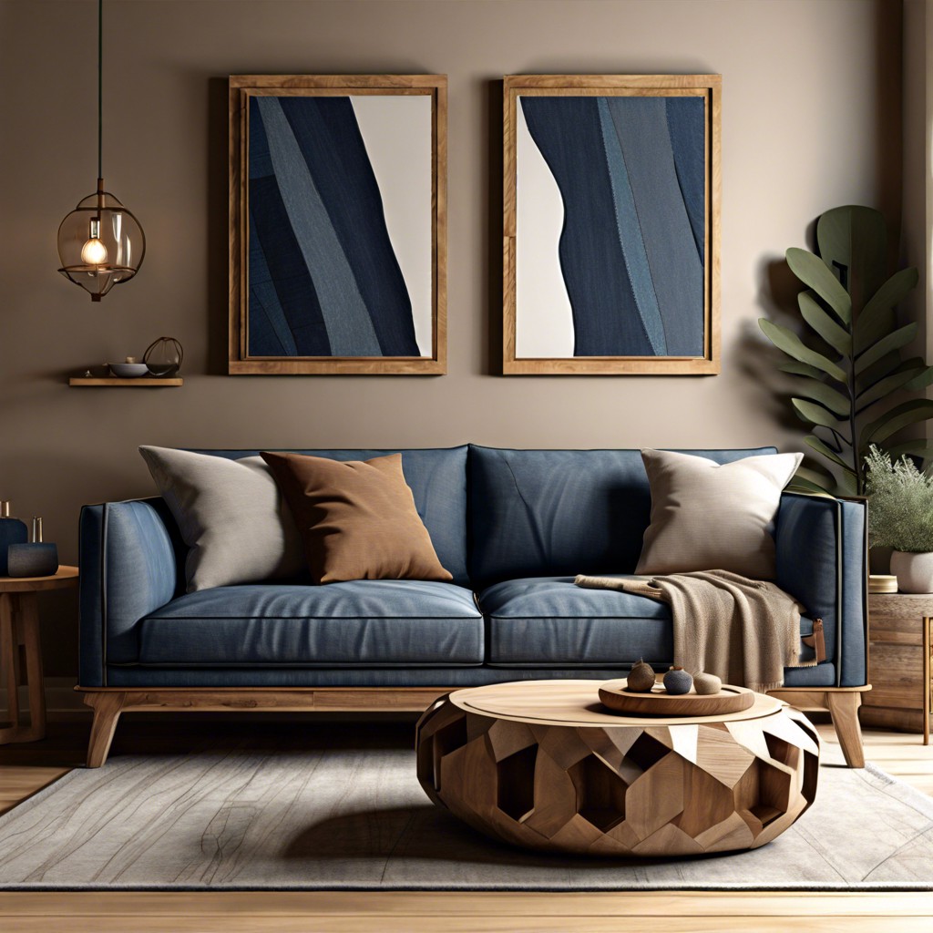 modern rustic surround the couch with raw wood elements and muted earth tones