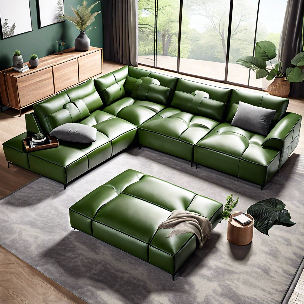 modular green leather sectional with adjustable backrests