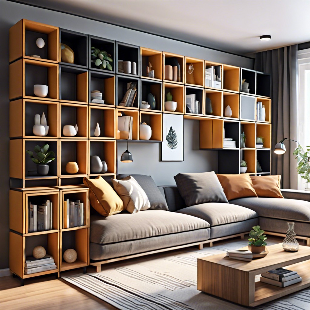 modular units arrange modular boxes or cubes behind the couch for flexible storage