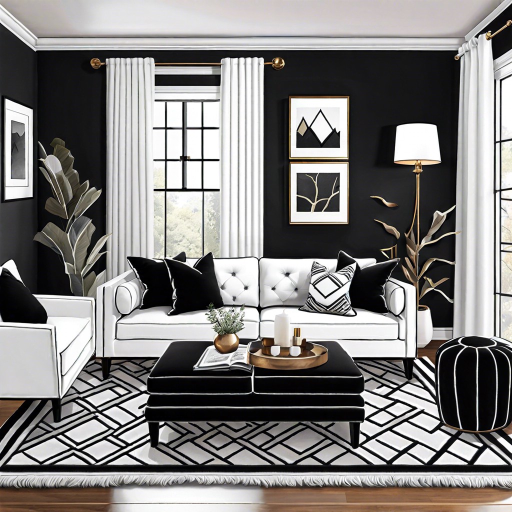 monochrome magic black velvet sofa with white throw pillows and a black and white rug