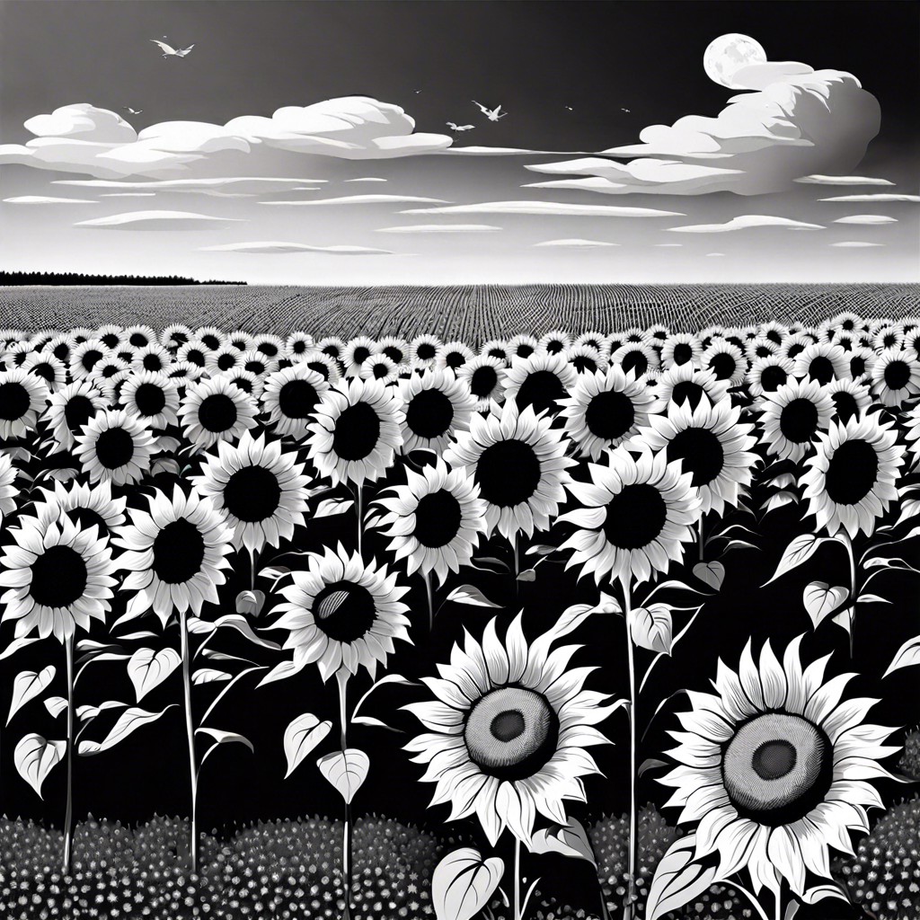 monochrome magic paint a sunflower field in black and white with a single flower in color