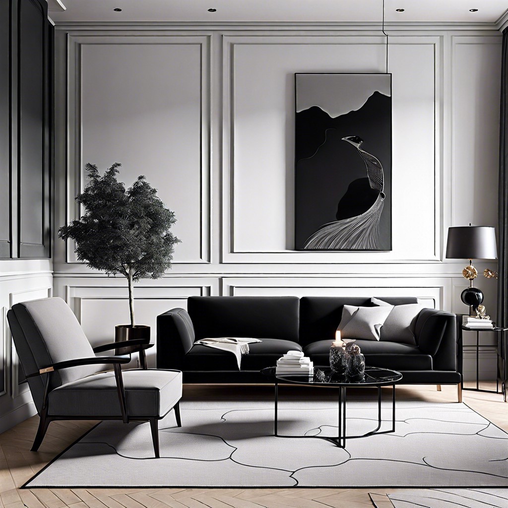 monochrome magic pair a black couch with white walls and grey accents for a classic monochromatic look