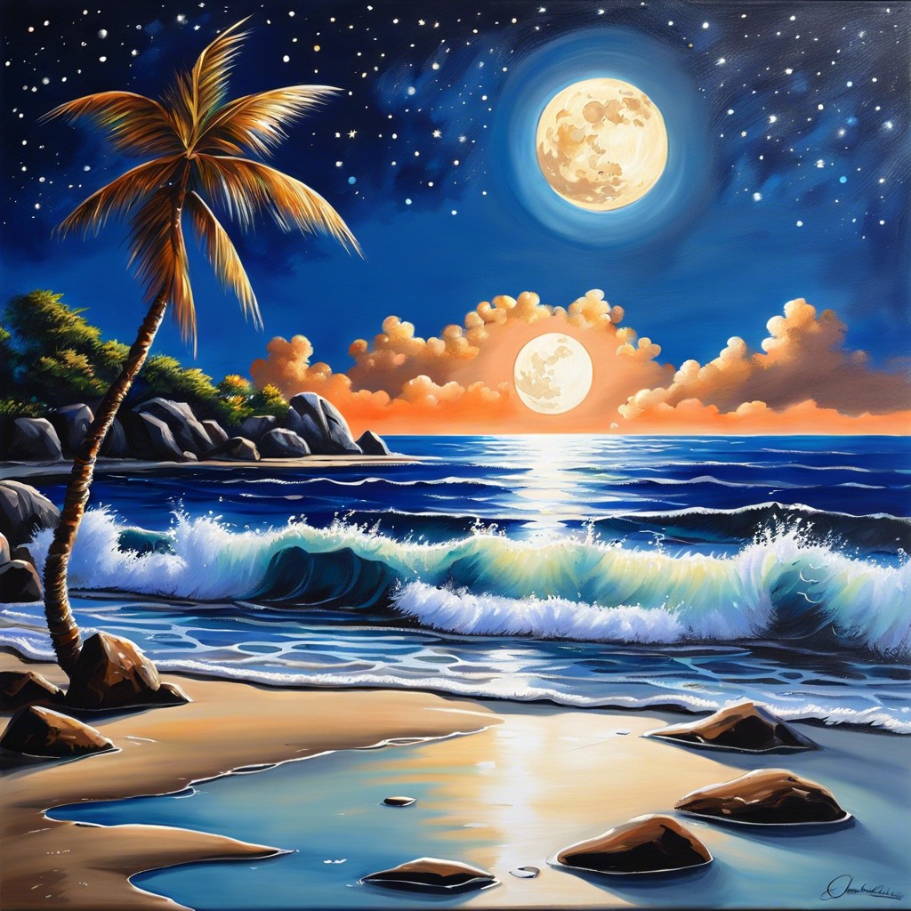 moonlit beach with shimmering water