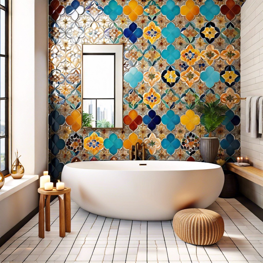 moroccan magic install vibrant patterned moroccan tiles as a feature wall behind the vanity or bathtub