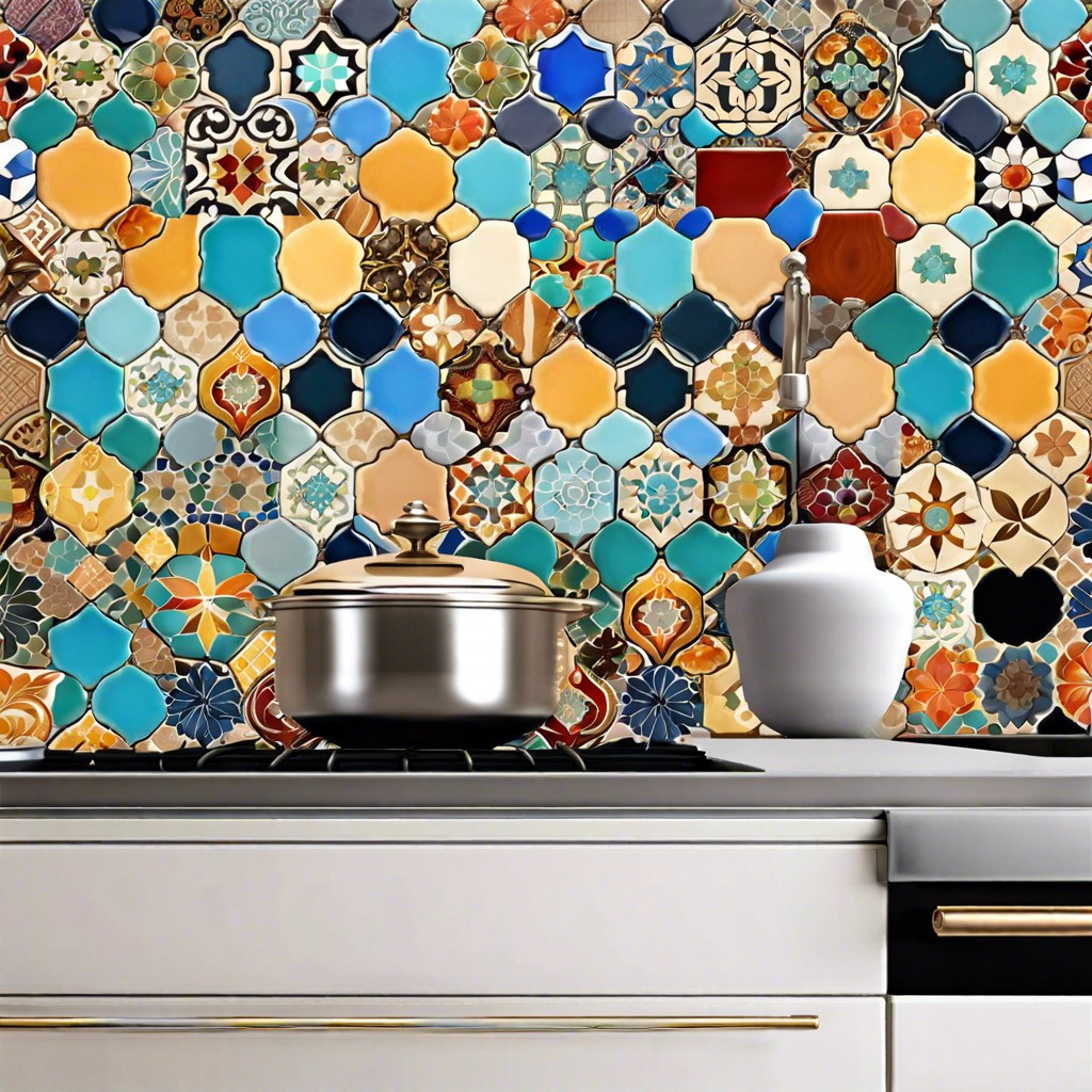 moroccan patchwork mismatched tiles with intricate patterns and vibrant colors