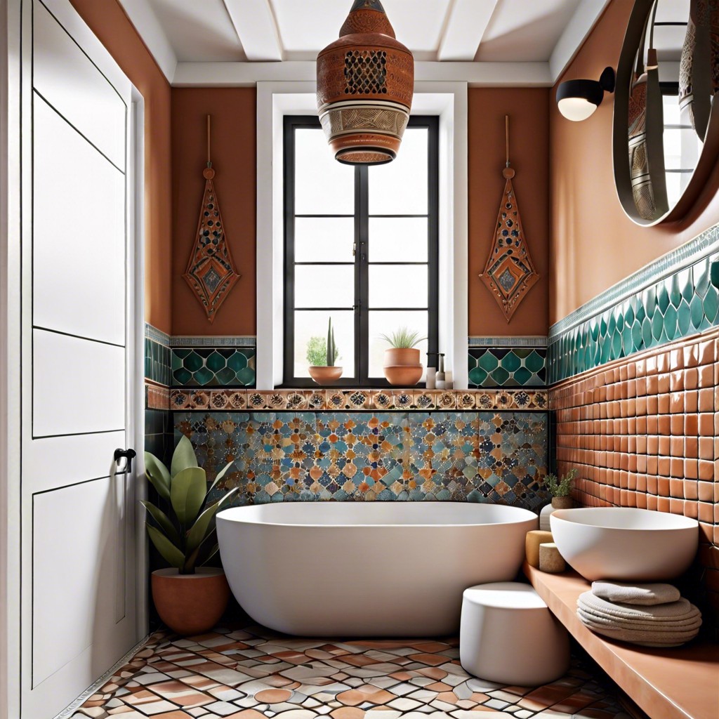 moroccan tiles halfway complemented by a terra cotta painted upper half