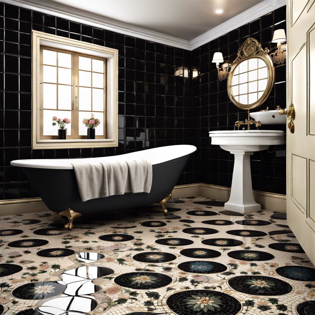 mosaic black tiles in a floral pattern in a vintage style bathroom