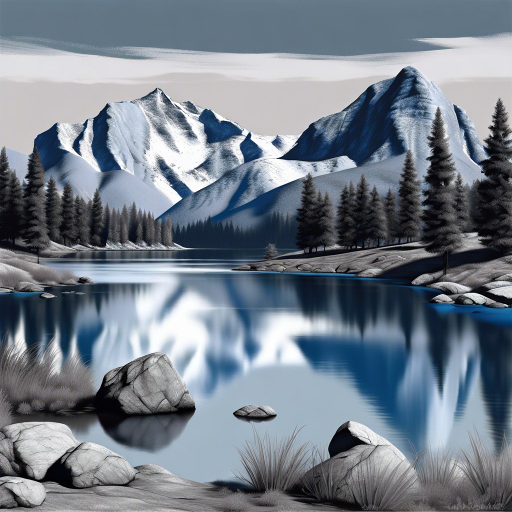 mountain landscape in cool grays and blues