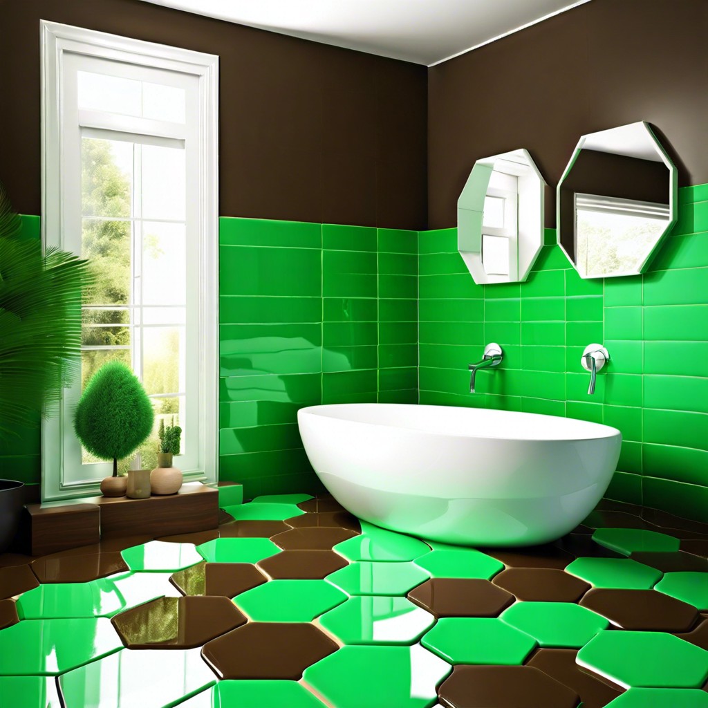 nature inspired green and brown hexagon tiles with natural stone textures