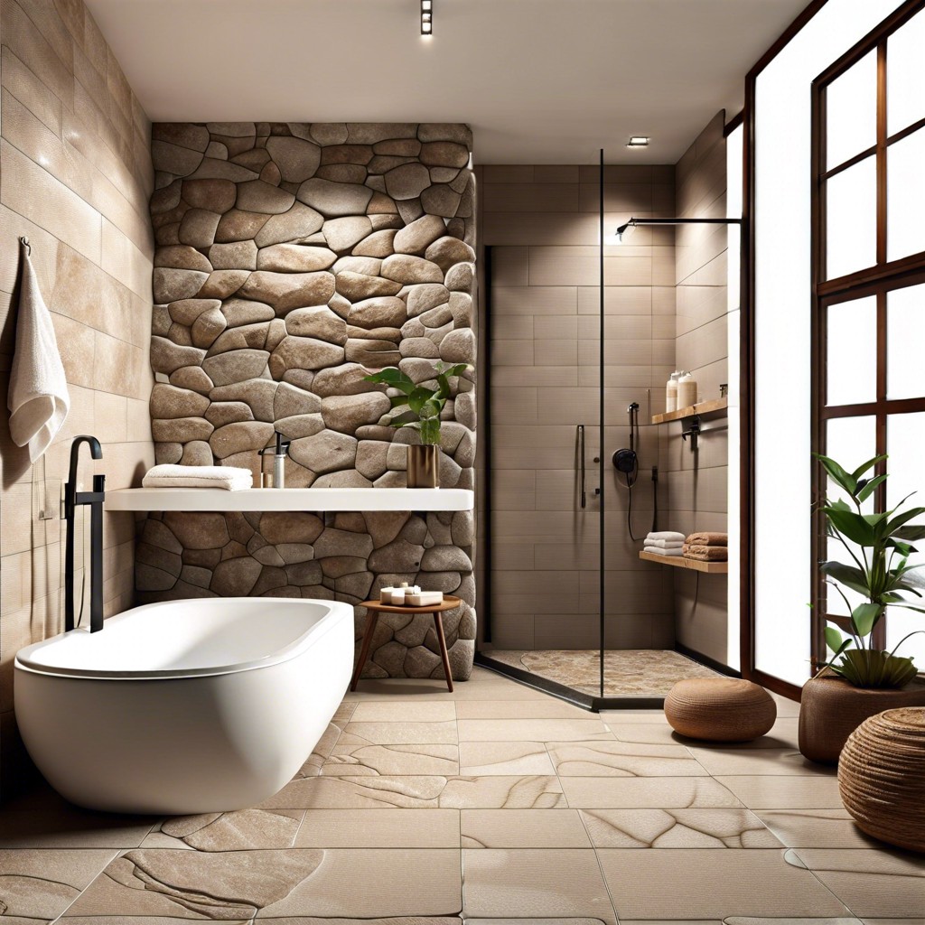 nature inspired integrate stone texture brown tiles with plants and natural wood for an organic feel