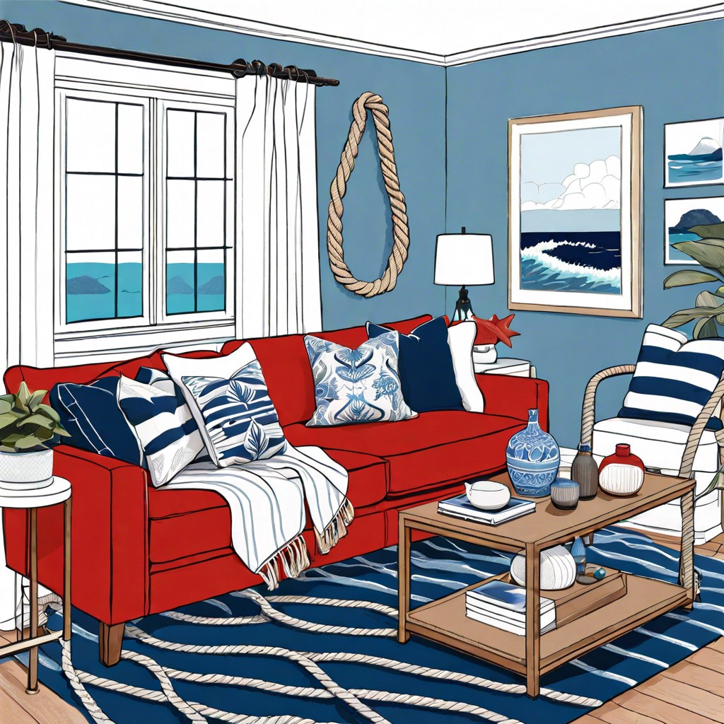 nautical bliss pair a red couch with blues and crisp whites rope accents and ocean inspired decor