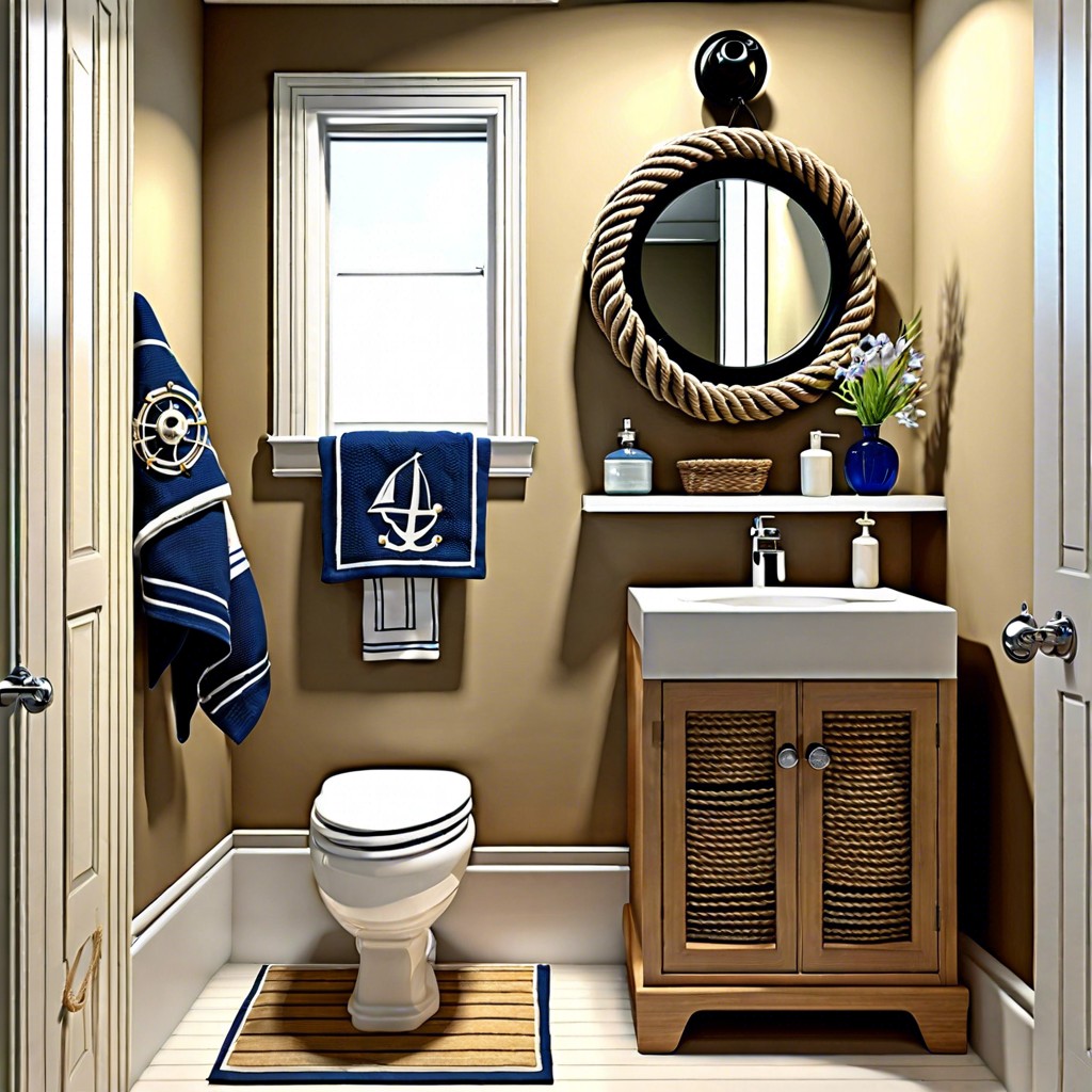 nautical theme with rope towel holders and a porthole mirror