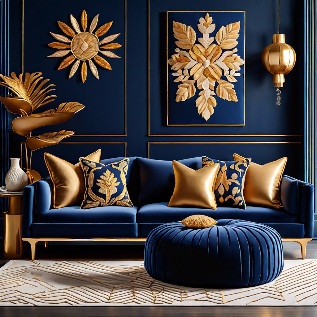 navy and gold embroidered cushions