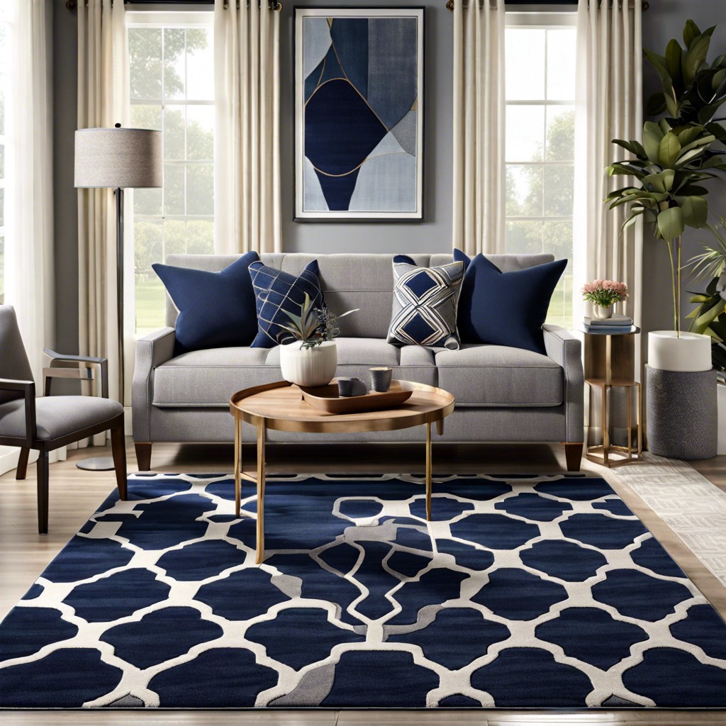 navy blue area rug with grey geometric patterns