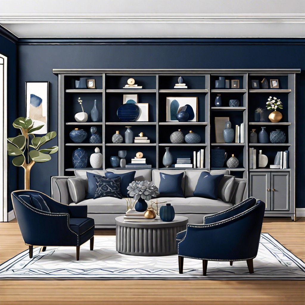 navy blue bookshelves with grey decor items