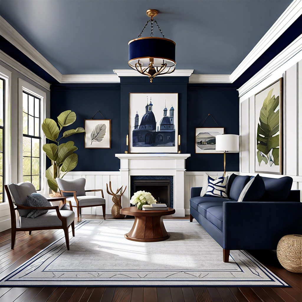 navy blue ceiling with grey crown molding