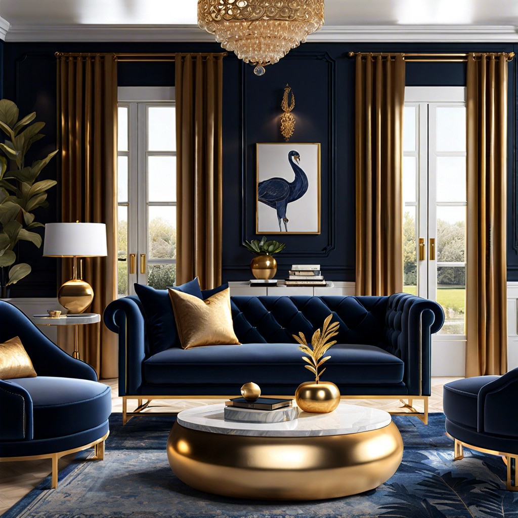 navy velvet couch with gold accented coffee table