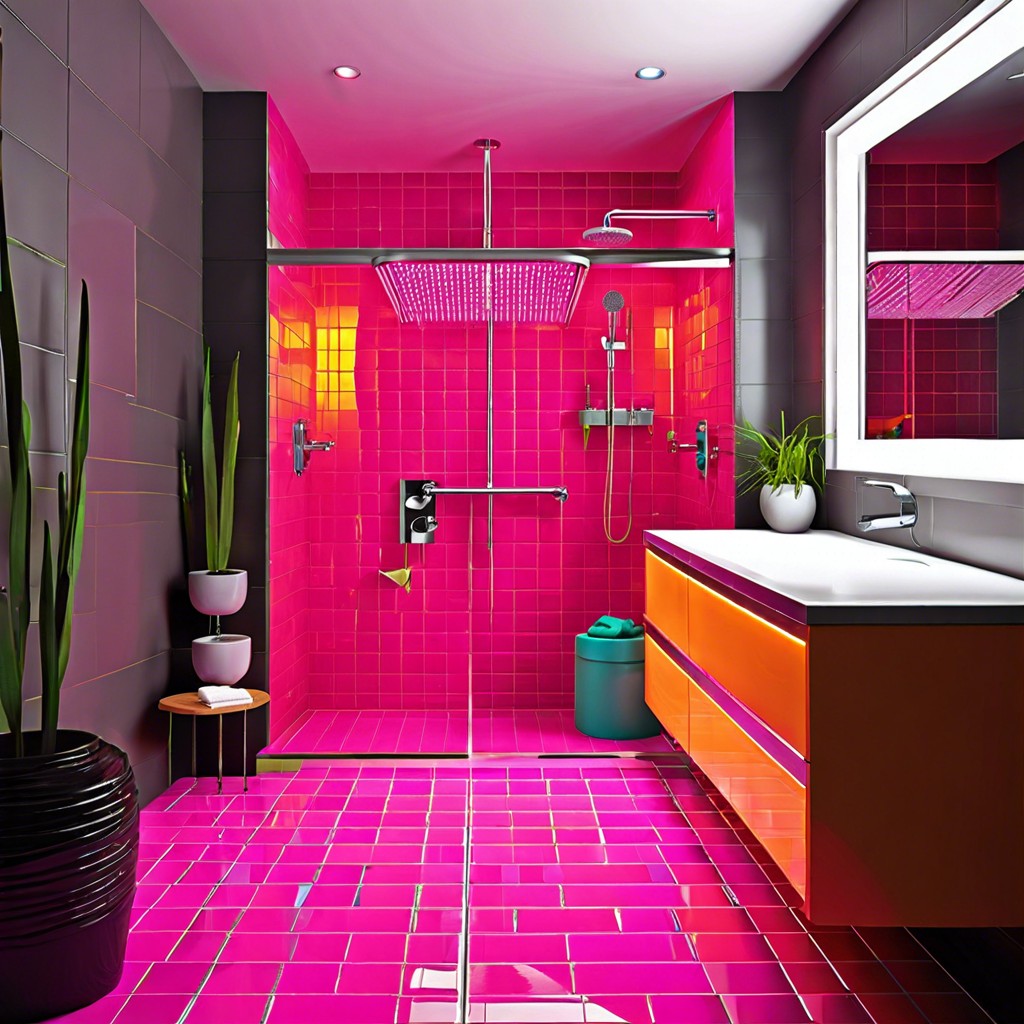 neon accented tiles for a vibrant youthful shower space