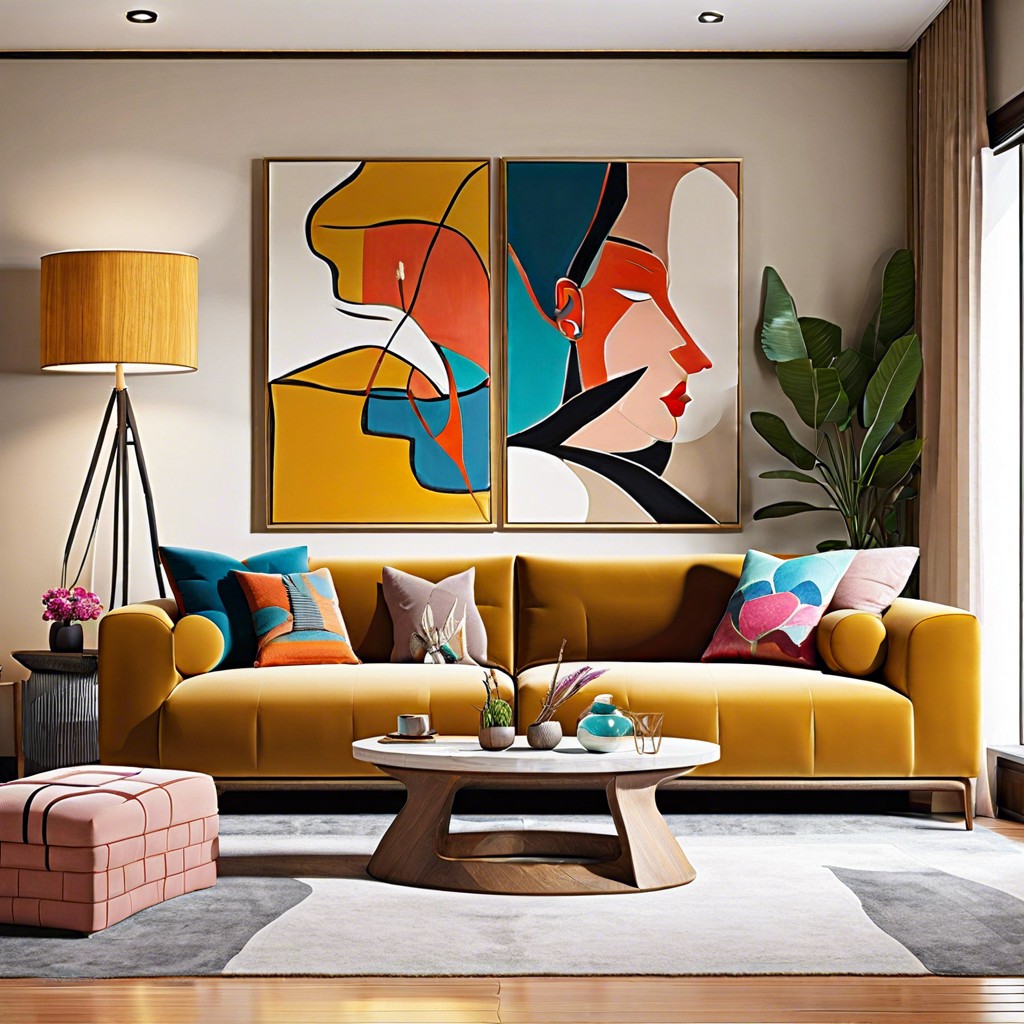 neutral sectional with vibrant art pieces