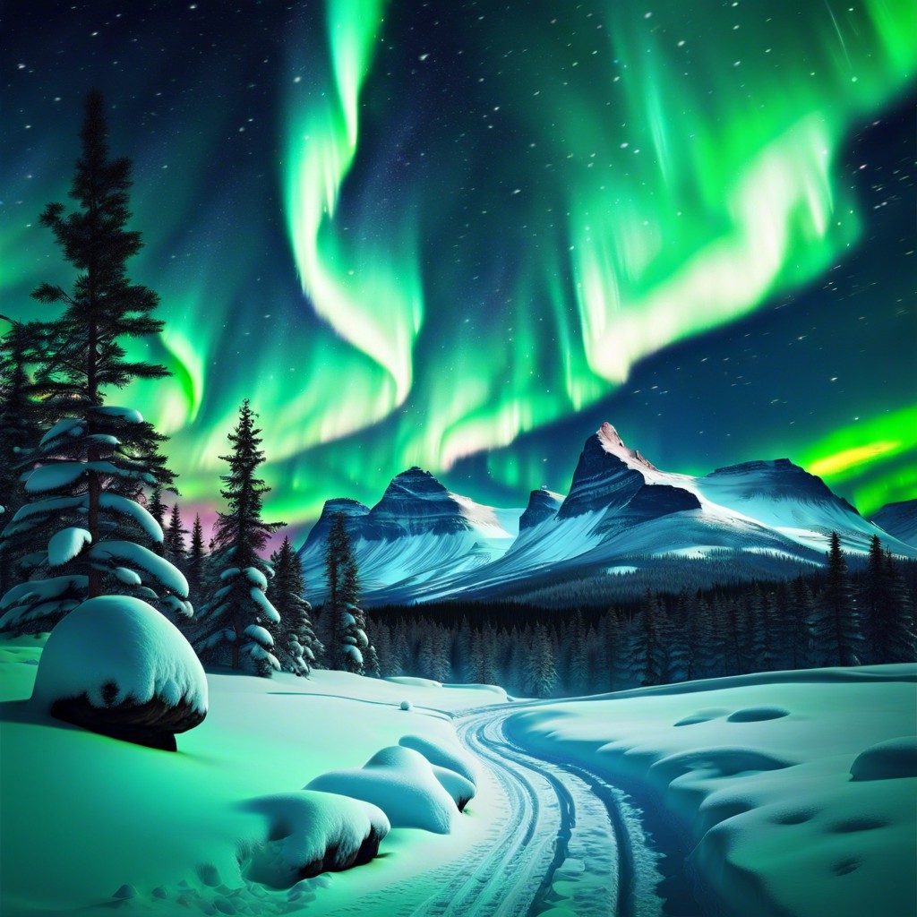 northern lights over a snowy landscape