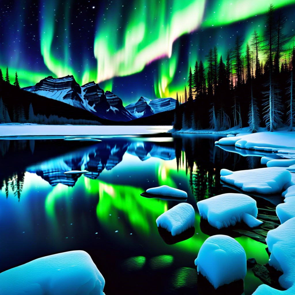 northern lights over an icy lake