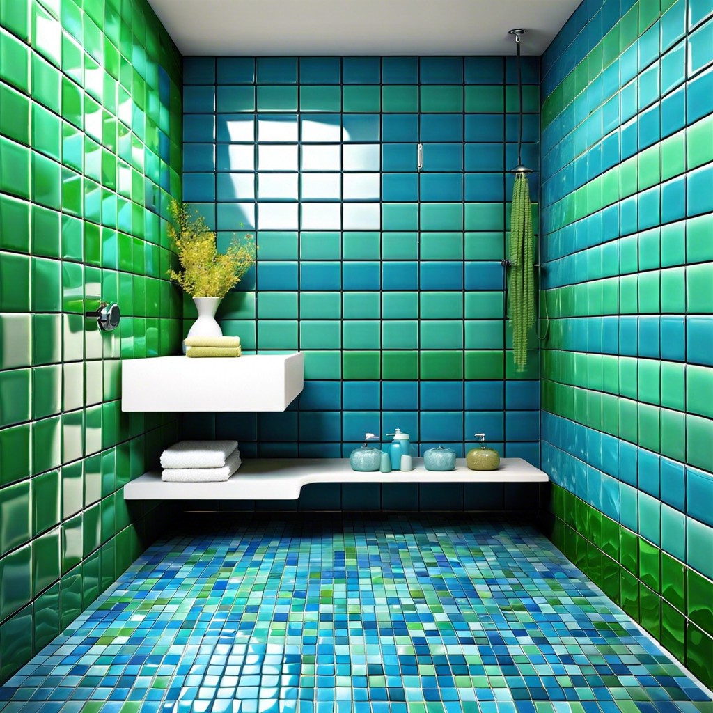 ocean mosaic theme with varying shades of blue and green tiles