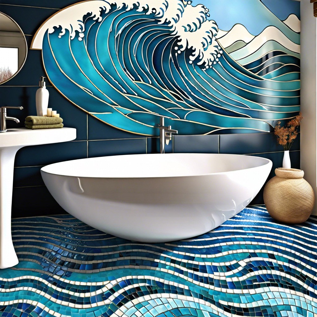 ocean wave design with varying shades of blue and green tiles