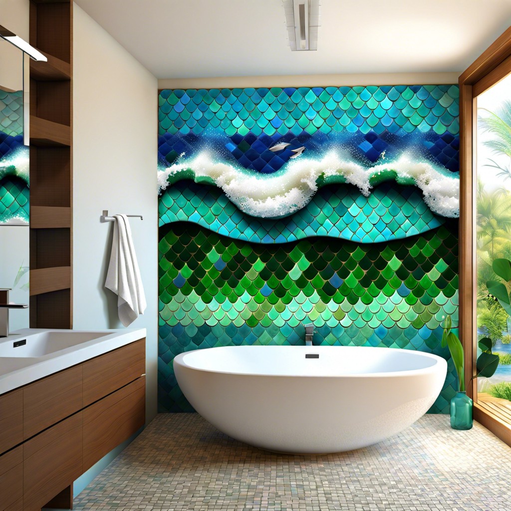 ocean wave mosaic blue and green glass tiles in a wave pattern