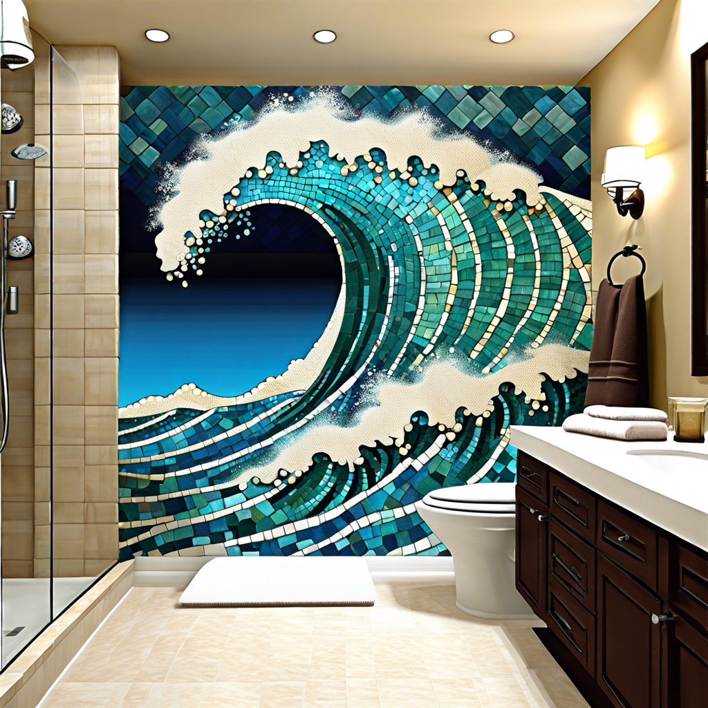 ocean wave mosaic use shades of blue and green tiles to create a calming ocean wave design on the shower walls