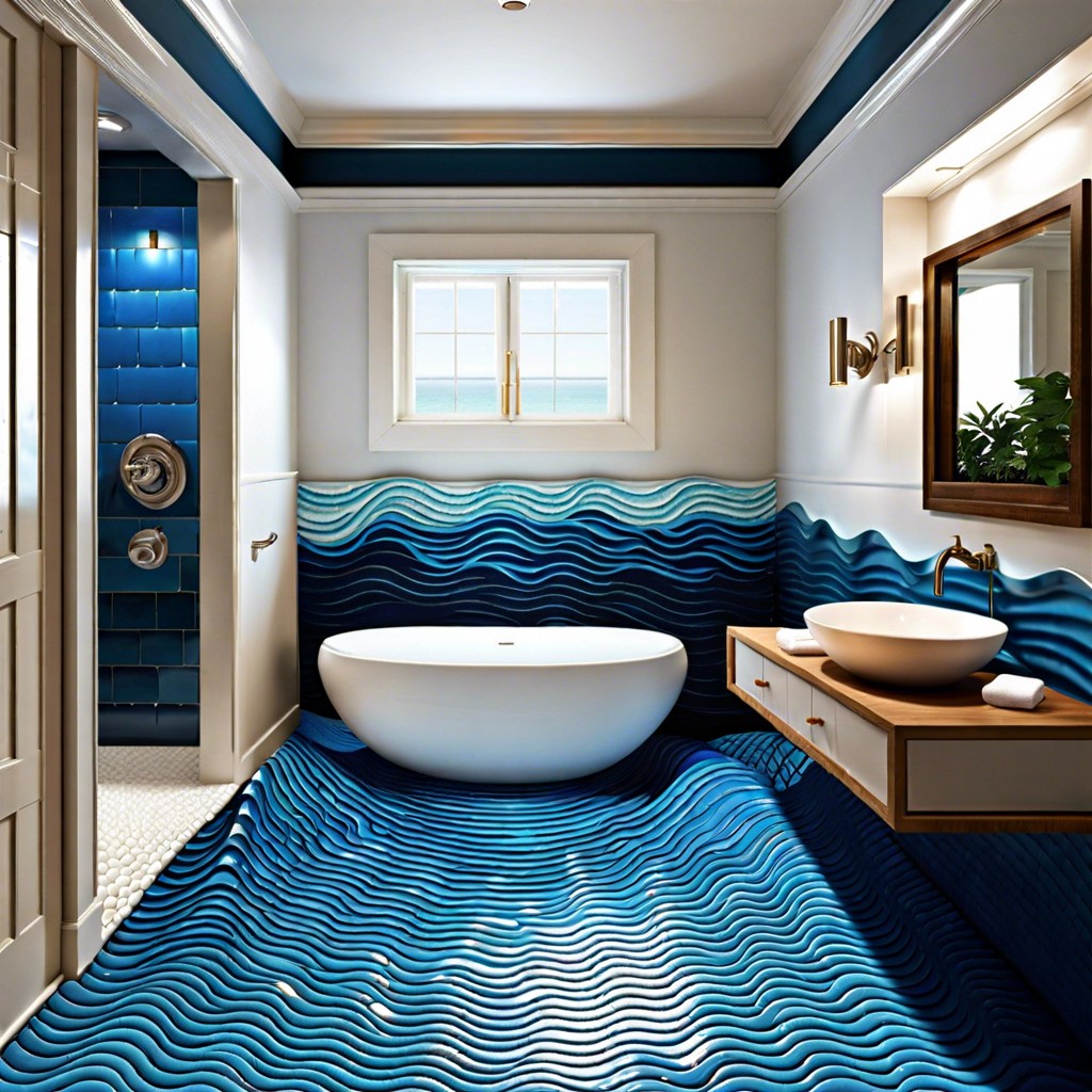 ocean waves use shades of blue penny tiles to create a sea inspired wave design